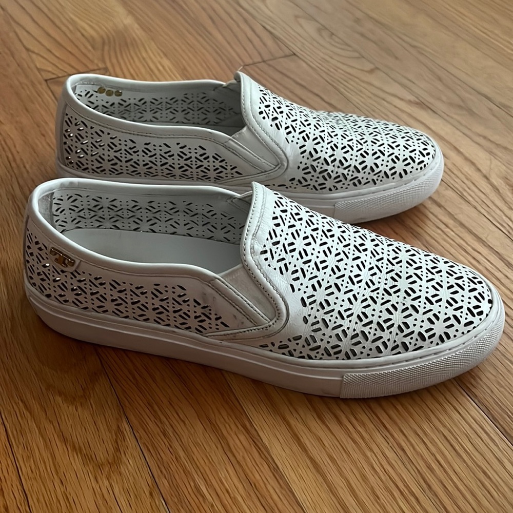 Tory Burch Lennon perforated leather slip ons white size 9